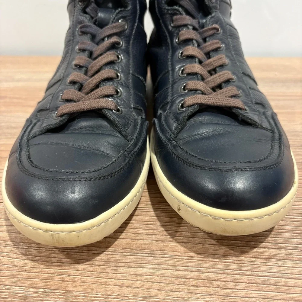 Giorgio Armani Leather High Top Sneakers Mens Navy Blue Size 9.5 Side Zip X2Z005
